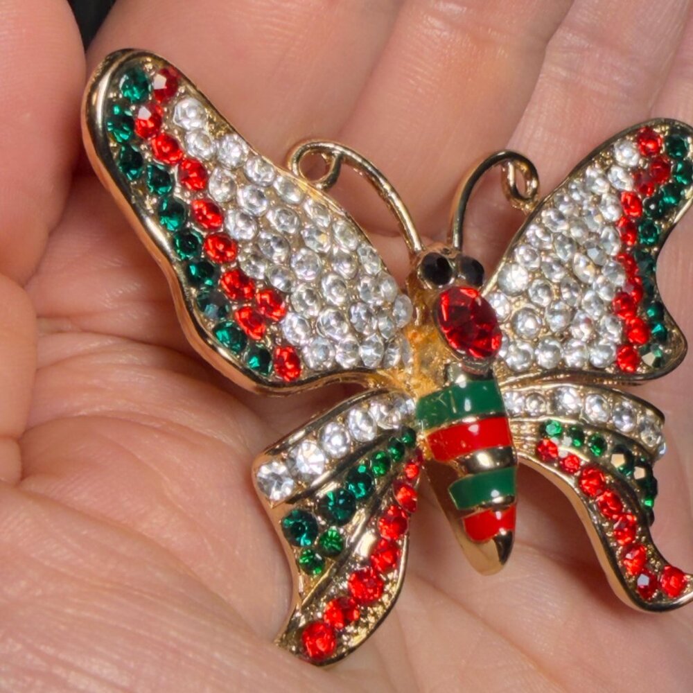 Butterfly Brooch Rhinestone Red Green Holiday Pin 2.5” - Picture 4 of 6